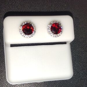 Halo Ruby Red Stud Earrings With Clear Accent Stones
